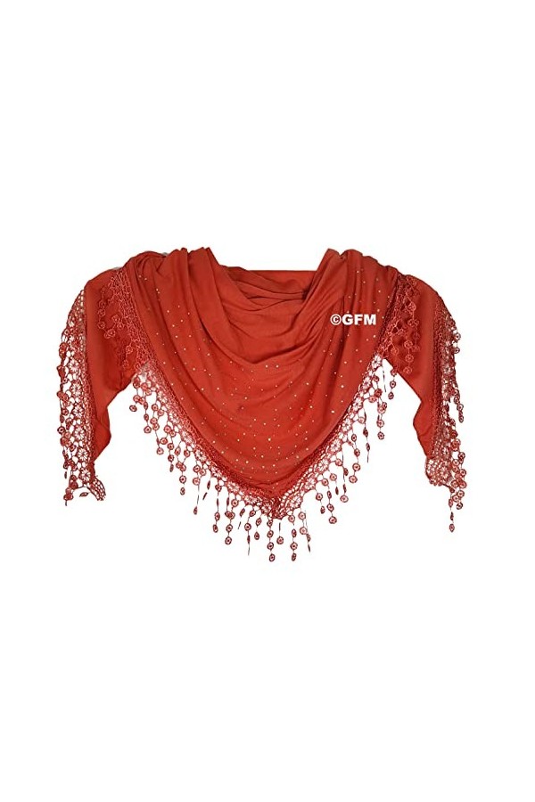GFM® foulard triangle en jersey avec strass, dentelle et pompons -Terre cuite- TRI-15-TERCOT 