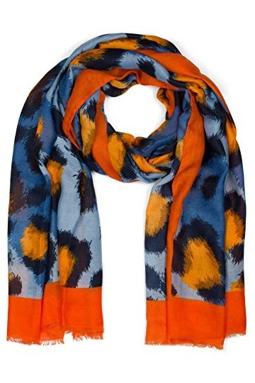 styleBREAKER Echarpe pour dames avec imprimé léo abstrait oversize et franges courtes 01016207, couleur:Orange-bleu