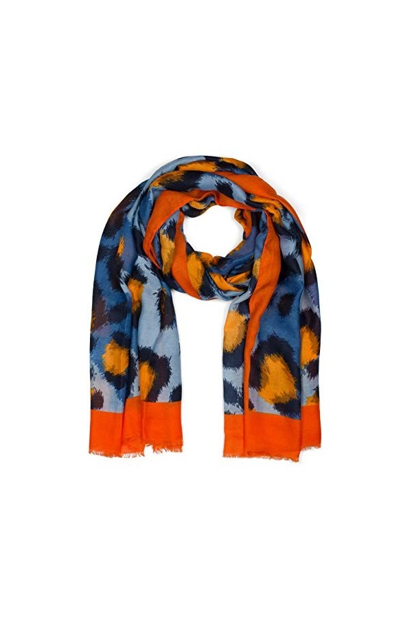 styleBREAKER Echarpe pour dames avec imprimé léo abstrait oversize et franges courtes 01016207, couleur:Orange-bleu