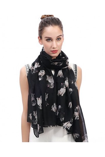 Lina & Lily Écharpe Foulard pour Femme Imprimé Chien Carlin Noir-Large Pugs 