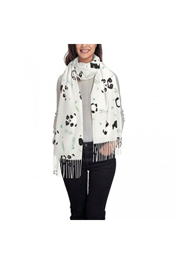 ASEELO Foulard noir à motif floral pour femme - Longue écharpe dhiver douce et chaude en laine - Avec pompon, Panda Bambou, 