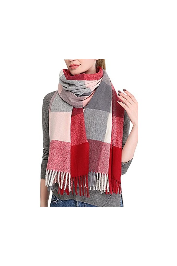 AVASAGS Écharpe à carreaux pour femme - Hiver - Carreaux de tartan - Rayures à carreaux - Motif écartement - Pour femme, roug