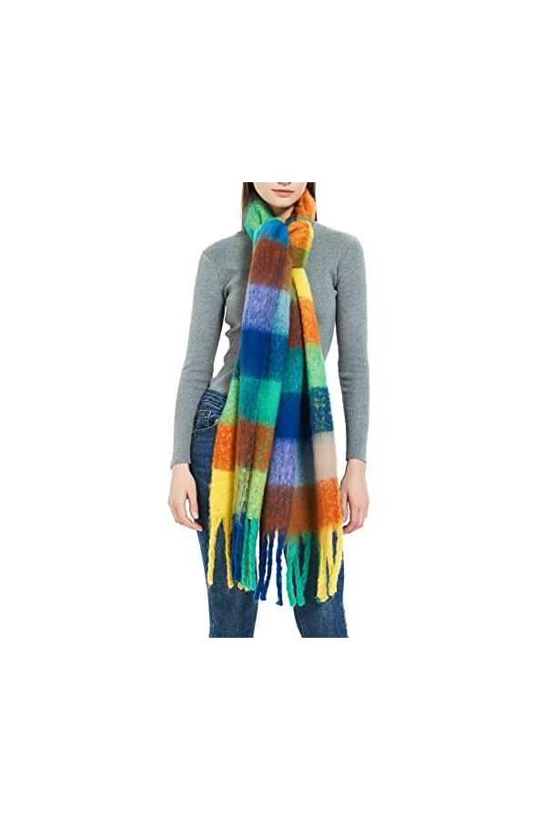 Aodafei Echarpe Femme Hiver Plaid,Grande écharpes Femmes Longues Chaude Écharpe Châle Plaid Multicolore,Orange Vert Arc-en-ci