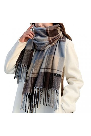 Écharpe tartan pour femme – Longue écharpe dhiver à carreaux chaude en laine de style britannique pour femme, Bleu/marron, M