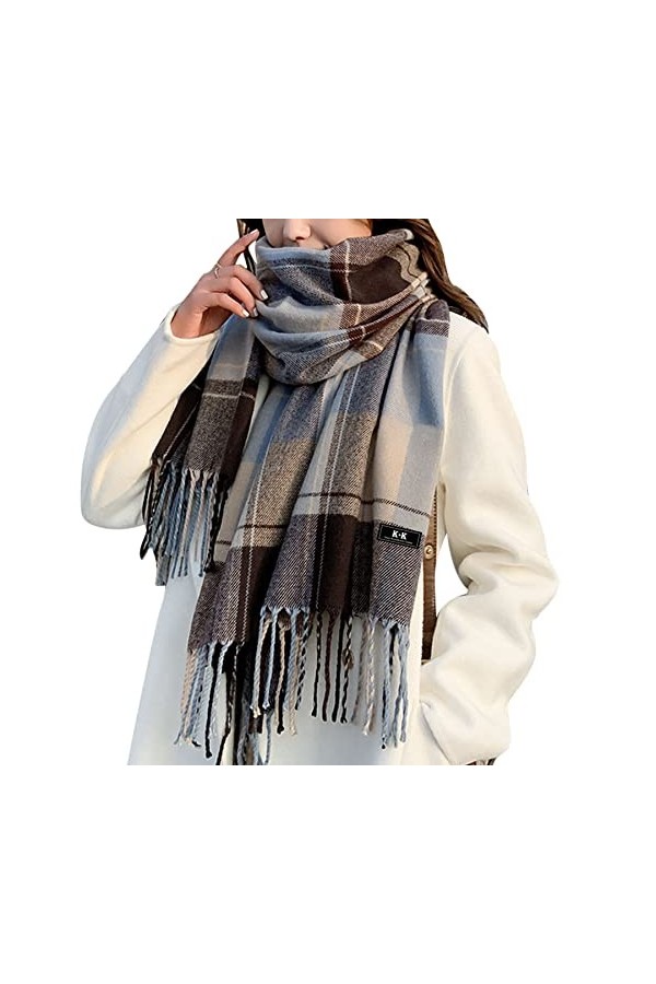 Écharpe tartan pour femme – Longue écharpe dhiver à carreaux chaude en laine de style britannique pour femme, Bleu/marron, M