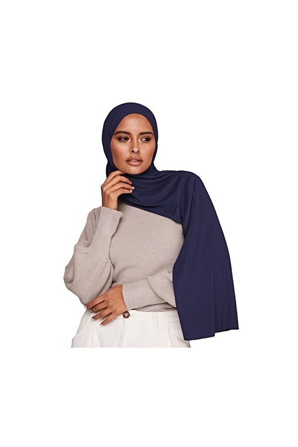 VOILE CHIC Écharpe Hijab en jersey de qualité supérieure pour femme – Écharpe islamique Hijabs, bleu marine, 69" x 27" 175 c