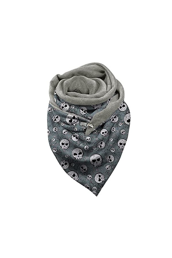 WOZOW Châles Femme Chaudes Hiver Halloween Imprimer Bouton Doux Wrap Décontracté Imprimé Tête De Mort écharpes écharpe Triang