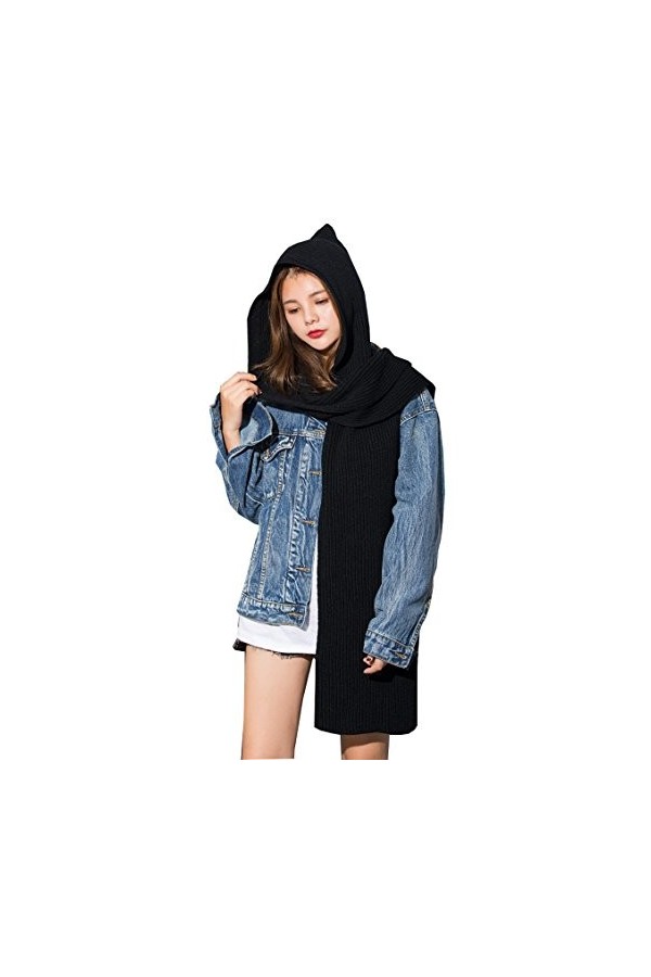 Hilmocho Femme Hiver Capuche Chaude Écharpe Fille Écharpe Tricotée Douce Oreille Foulard Neckwarmer Chapeau à Capuche