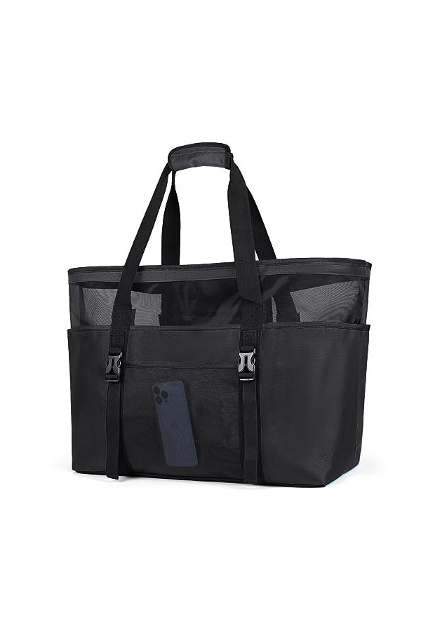 RAINSMORE Grand Sac Cabas Femme XXL en Maille avec Fermeture Éclair Tout de Plage Pliable Anti-Sable Imperméable Plusieurs Po