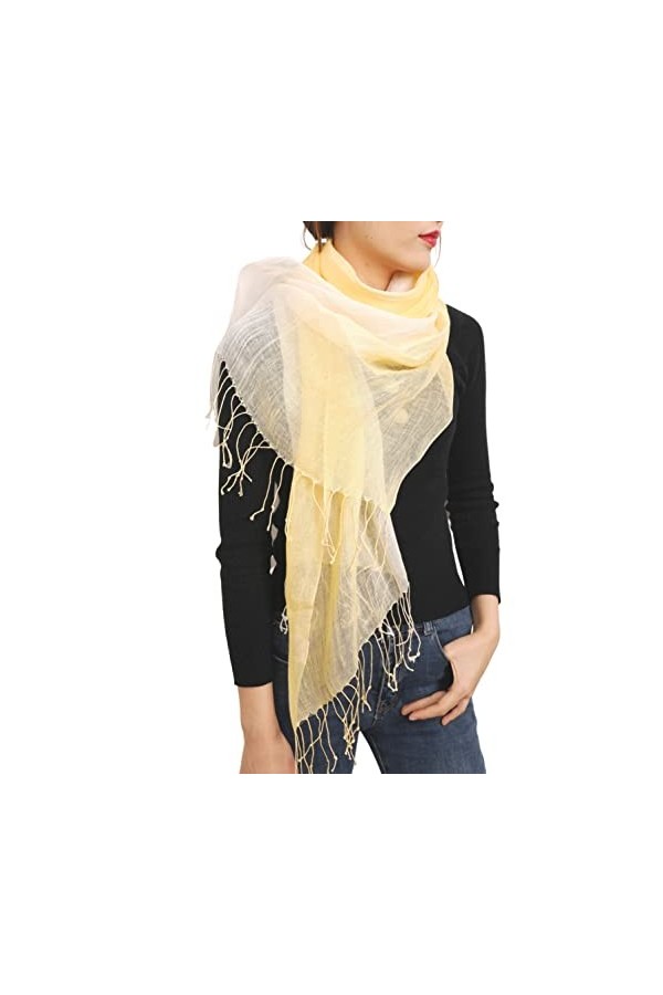 prettystern Foulard à franges en batik tie-dye bleu dégradé Femme Homme 100% Lin printemps été - Jaune/blanc