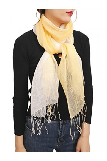 prettystern Foulard à franges en batik tie-dye bleu dégradé Femme Homme 100% Lin printemps été - Jaune/blanc