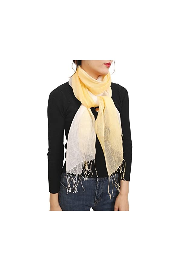 prettystern Foulard à franges en batik tie-dye bleu dégradé Femme Homme 100% Lin printemps été - Jaune/blanc