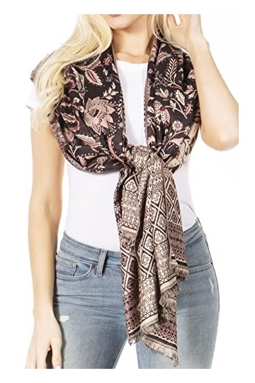 Sakkas 18200 - Écharpe châle écharpe en pashmina tissée florale soyeuse et réversible pour femmes de Gianna - Noir - OS