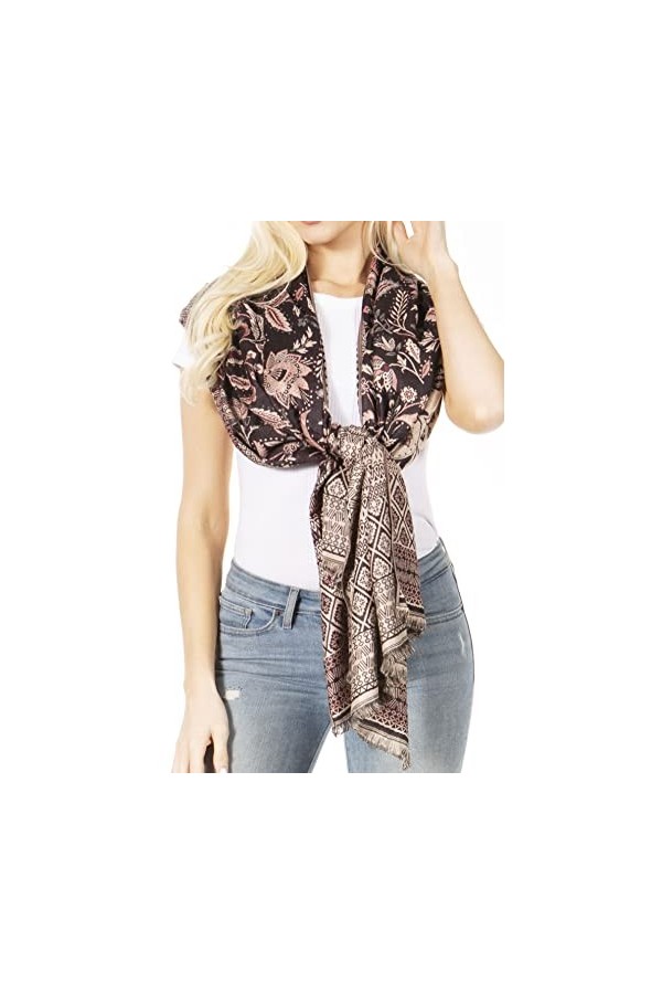 Sakkas 18200 - Écharpe châle écharpe en pashmina tissée florale soyeuse et réversible pour femmes de Gianna - Noir - OS
