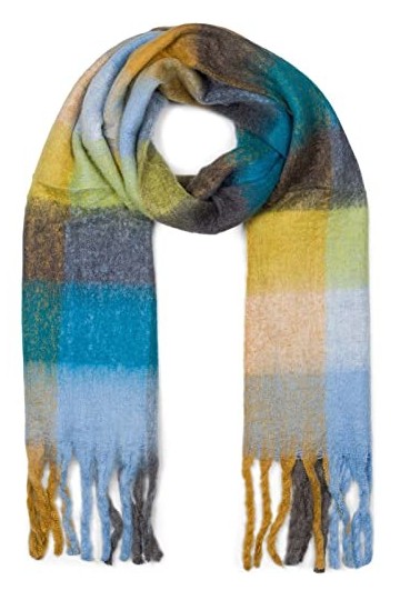 styleBREAKER Écharpe en tricot pour femmes avec motif à carreaux colorés et longues franges épaisses, hiver chaud, étole 0101