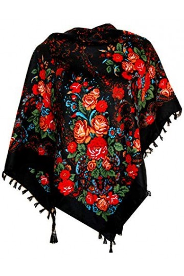 All 4 Decor Écharpe russe élégante pour femme - Style folklorique 95 cm x 95 cm - Bleu foncé, bleu foncé