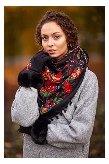 All 4 Decor Écharpe russe élégante pour femme - Style folklorique 95 cm x 95 cm - Bleu foncé, bleu foncé