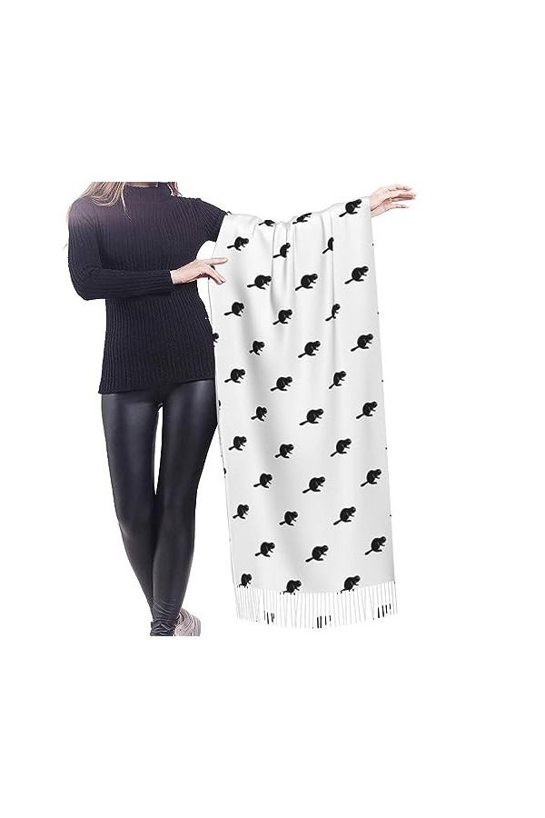 NIXNUT Écharpe chaude en cachemire avec pompon imprimé castor canadien, châle, écharpe unisexe pour lhiver., Noir , taille u