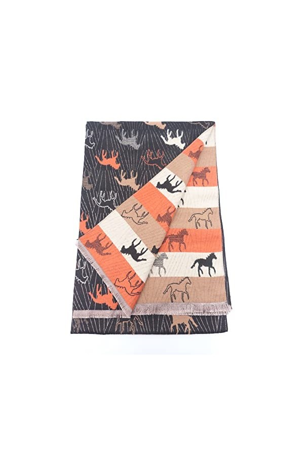 Claudia & Jason Écharpe dhiver réversible double face avec imprimé cheval, Noir , 180*90 cm