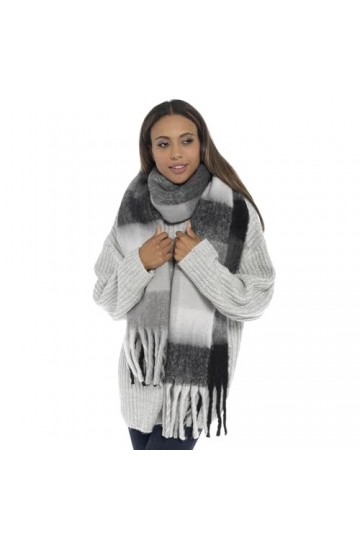 Thingimijigs Écharpe à carreaux ultra douce avec pompons pour femme, noir/gris, taille unique