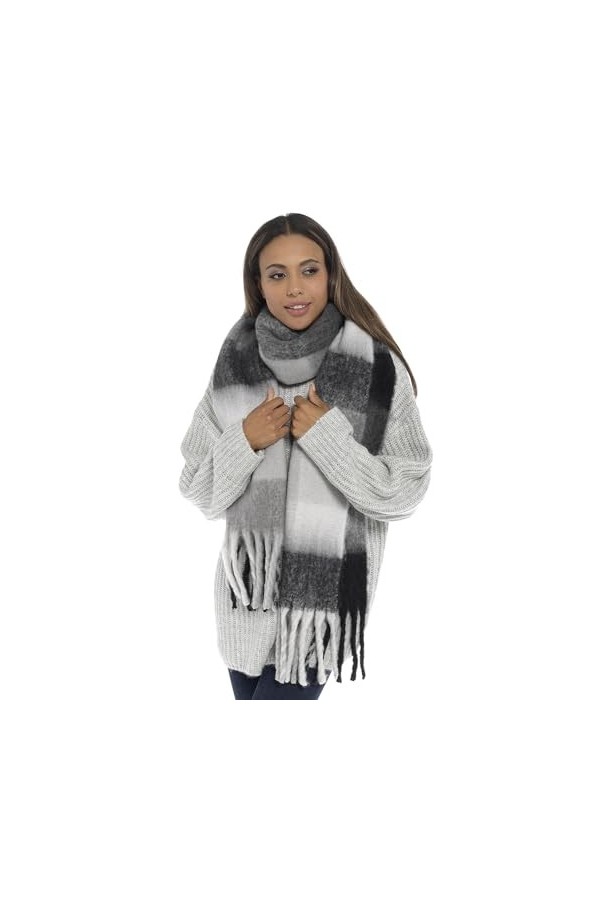 Thingimijigs Écharpe à carreaux ultra douce avec pompons pour femme, noir/gris, taille unique