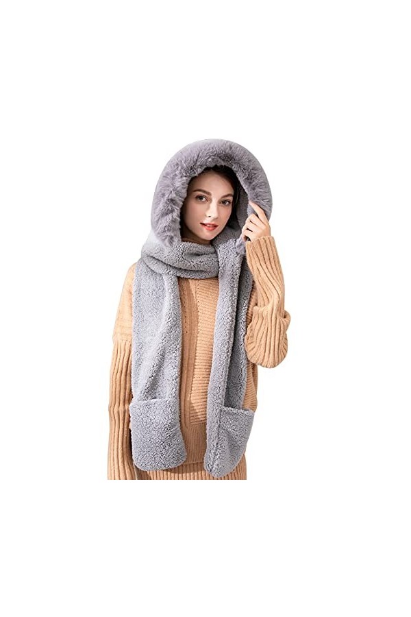 keyaway - Bonnet dhiver chaud 3 en 1 avec capuche, poches Earflap, gants chauds pour femme - Gris - Taille unique