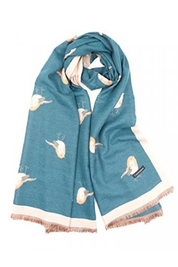 Claudia & Jason® Écharpe dhiver douce et chaude avec imprimé rouge-gorge pour femme Livré avec boîte cadeau, bleu sarcelle