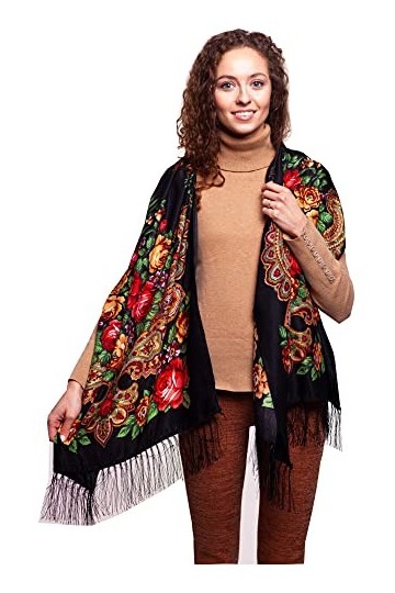 Longue écharpe russe colorée avec franges 70 x 180 cm, Noir