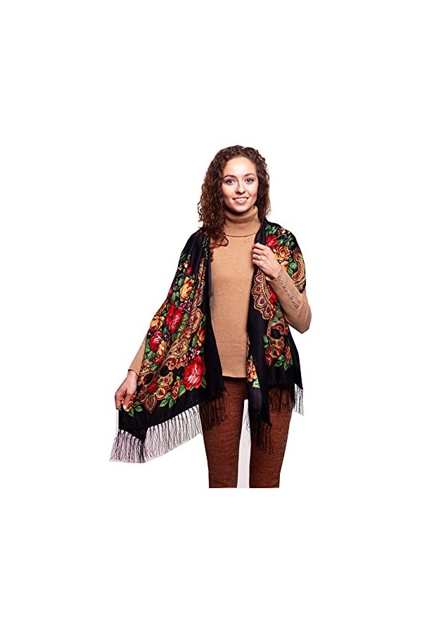 Longue écharpe russe colorée avec franges 70 x 180 cm, Noir