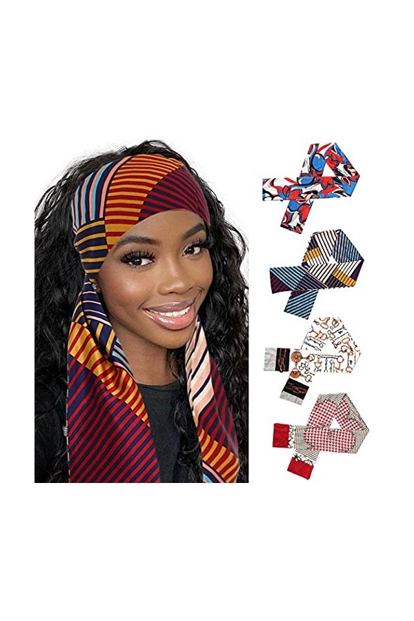 IYO Lot de 4 écharpes Uafricaines à rayures en soie pour le yoga, le sport, les sacs, les écharpes pour femmes et filles
