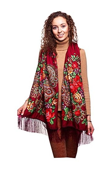 Longue écharpe colorée style folklorique russe avec franges pour femme, Wine, 70 cmx180 cm