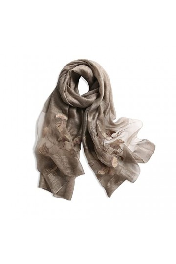 LumiSyne Foulard Soie De Mûrier Écharpe En Mousseline De Soie Femme Délicate Broderie Ginkgo Tulle Transparent Léger Doux Éch