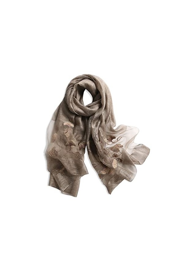LumiSyne Foulard Soie De Mûrier Écharpe En Mousseline De Soie Femme Délicate Broderie Ginkgo Tulle Transparent Léger Doux Éch