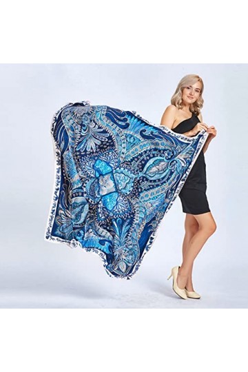 LA FERANI N41 Grande écharpe carrée en soie pour femme Bleu 130 x 130 cm, bleu, 130x130cm