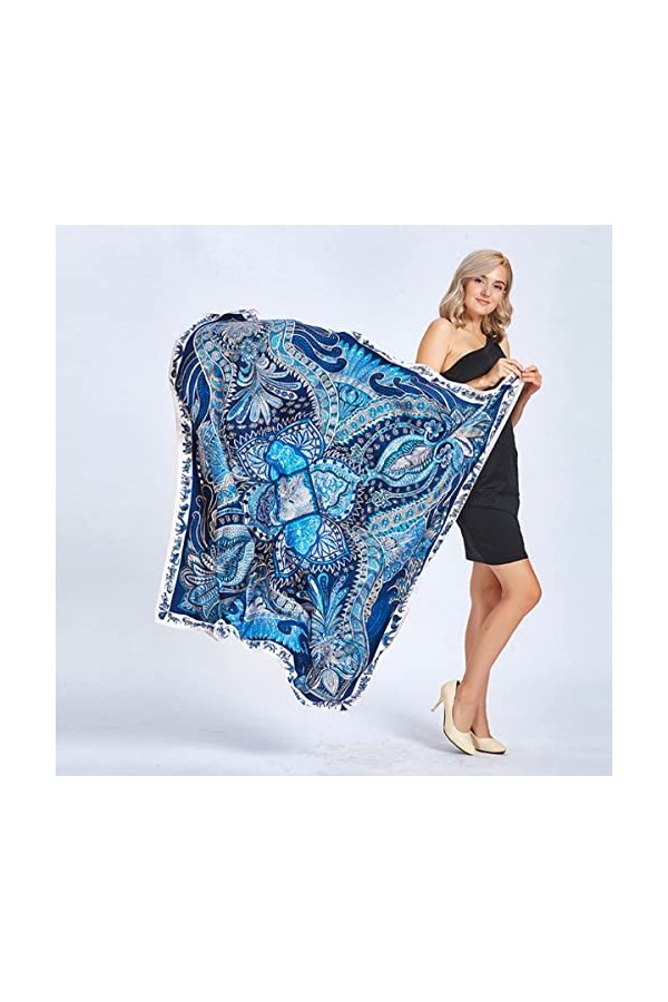 LA FERANI N41 Grande écharpe carrée en soie pour femme Bleu 130 x 130 cm, bleu, 130x130cm