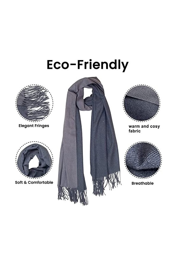 Foulard réversible 100 % cachemire pour femme, 2 tons gris doux, 70 x 200 cm