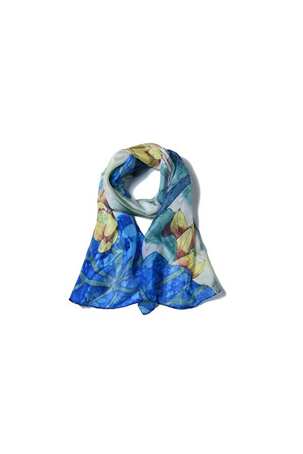 Invisible World Foulard Soie 100% Femme pour Cheveux, Cou, Tete Echarpe Longue Peint a la Main - Jardin dEau -Bleu