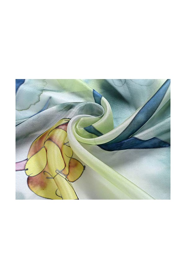 Invisible World Foulard Soie 100% Femme pour Cheveux, Cou, Tete Echarpe Longue Peint a la Main - Jardin dEau -Bleu