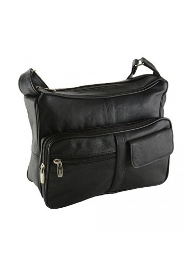 Sac à main en cuir pour femme - Plusieurs poches - Noir, noir, Large