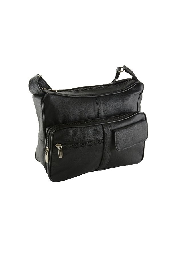 Sac à main en cuir pour femme - Plusieurs poches - Noir, noir, Large