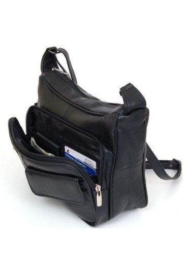 Sac à main en cuir pour femme - Plusieurs poches - Noir, noir, Large