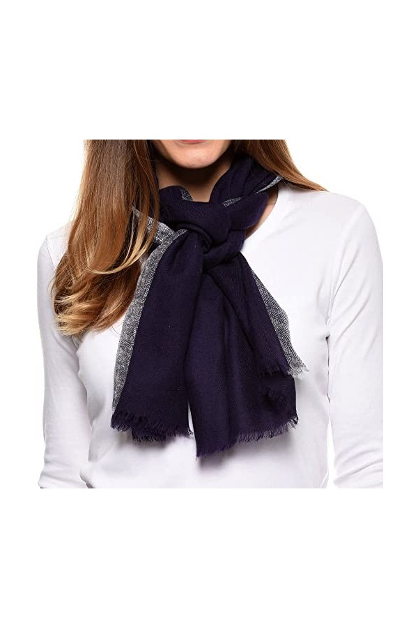 LES POULETTES - Echarpe 100% Laine Bleu Navy Bordure Lurex Argent