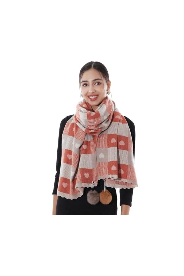 RIIQIICHY Écharpe à carreaux pashmina pour femme - Longue et grande écharpe dhiver chaude et épaisse avec pompon en fourrure