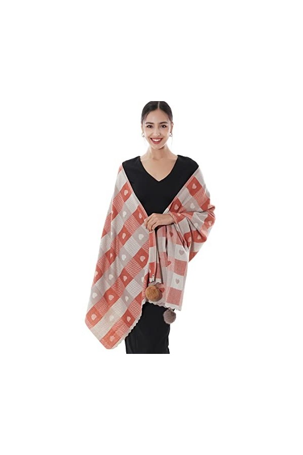 RIIQIICHY Écharpe à carreaux pashmina pour femme - Longue et grande écharpe dhiver chaude et épaisse avec pompon en fourrure