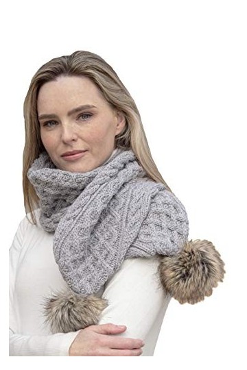 Aran Crafts Irish Cable Knit Wool Faux Fur Pom Pom Scarf 10"x64" X4965-SGRY 