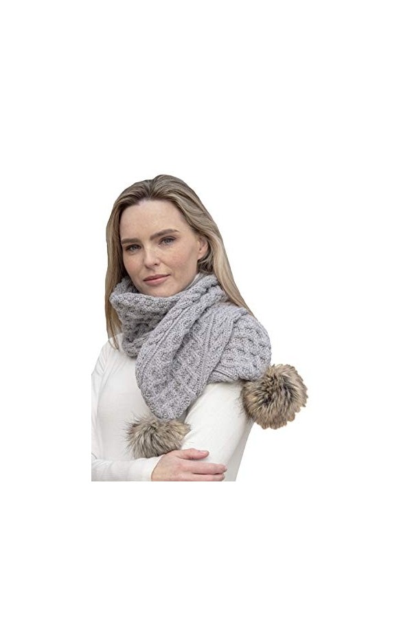 Aran Crafts Irish Cable Knit Wool Faux Fur Pom Pom Scarf 10"x64" X4965-SGRY 