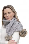 Aran Crafts Irish Cable Knit Wool Faux Fur Pom Pom Scarf 10"x64" X4965-SGRY 