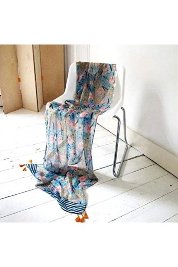 House of Disaster Foulard pour femmes Eden Stola Echarpe Elégante Légère avec un motif floral et des pompons Bleus dans un jo