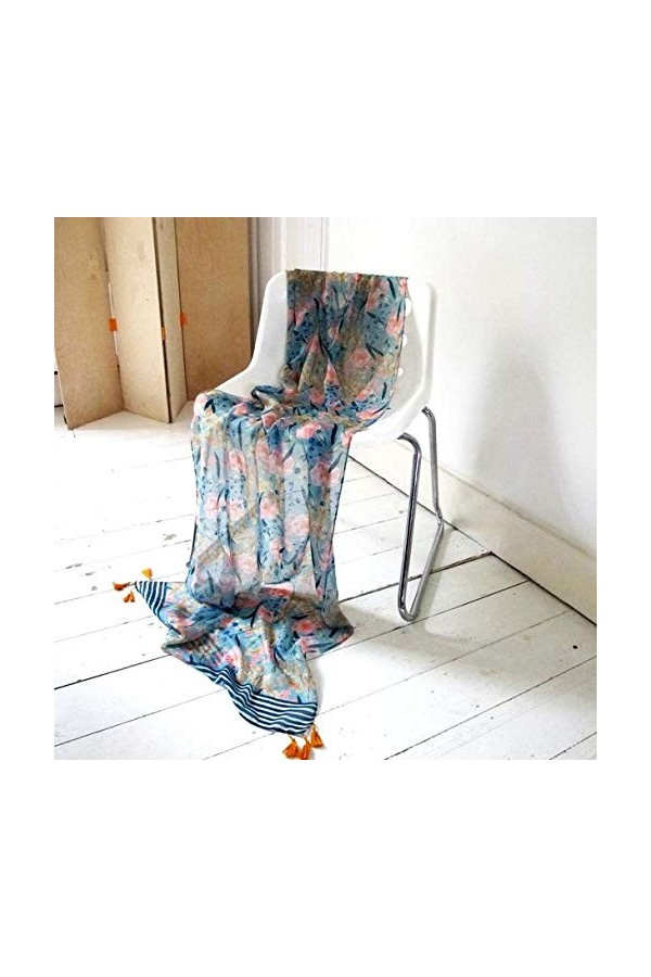 House of Disaster Foulard pour femmes Eden Stola Echarpe Elégante Légère avec un motif floral et des pompons Bleus dans un jo