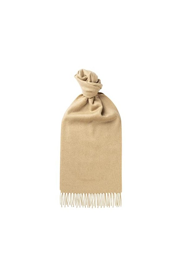 Glen Isla Écharpe 100 % laine dagneau - Beige camel uni - Fabriqué en Grande-Bretagne, Beige camel., 165cm x 25cm
